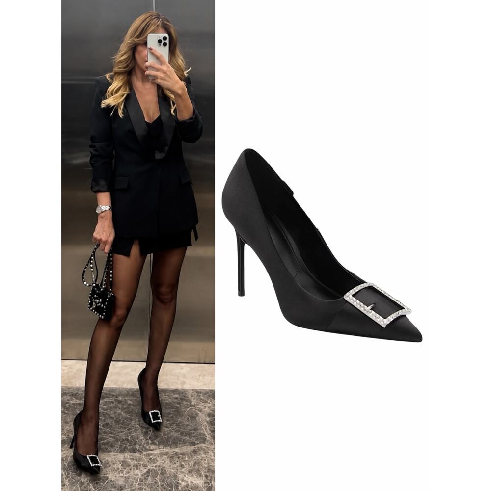 Mango Satin Pointed Toe Heel Pump with Buckle Black Size 37/ 6.5